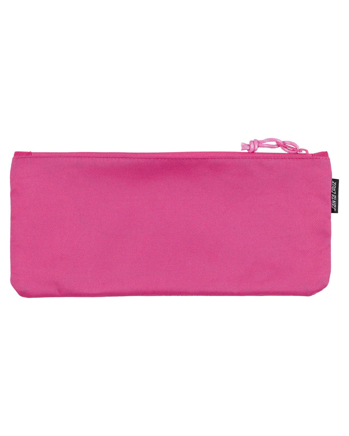 Pink pencil case with a brand tag on a white background