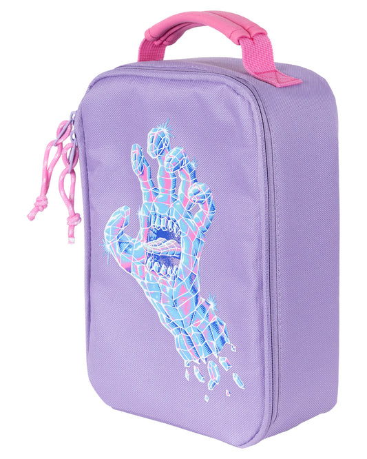 Purple lunch bag with a colorful hand design on a white background