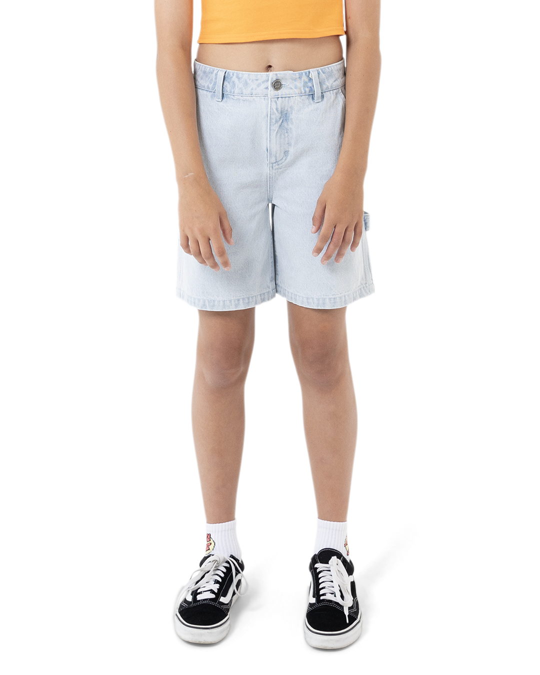 Person wearing light blue denim shorts on a white background