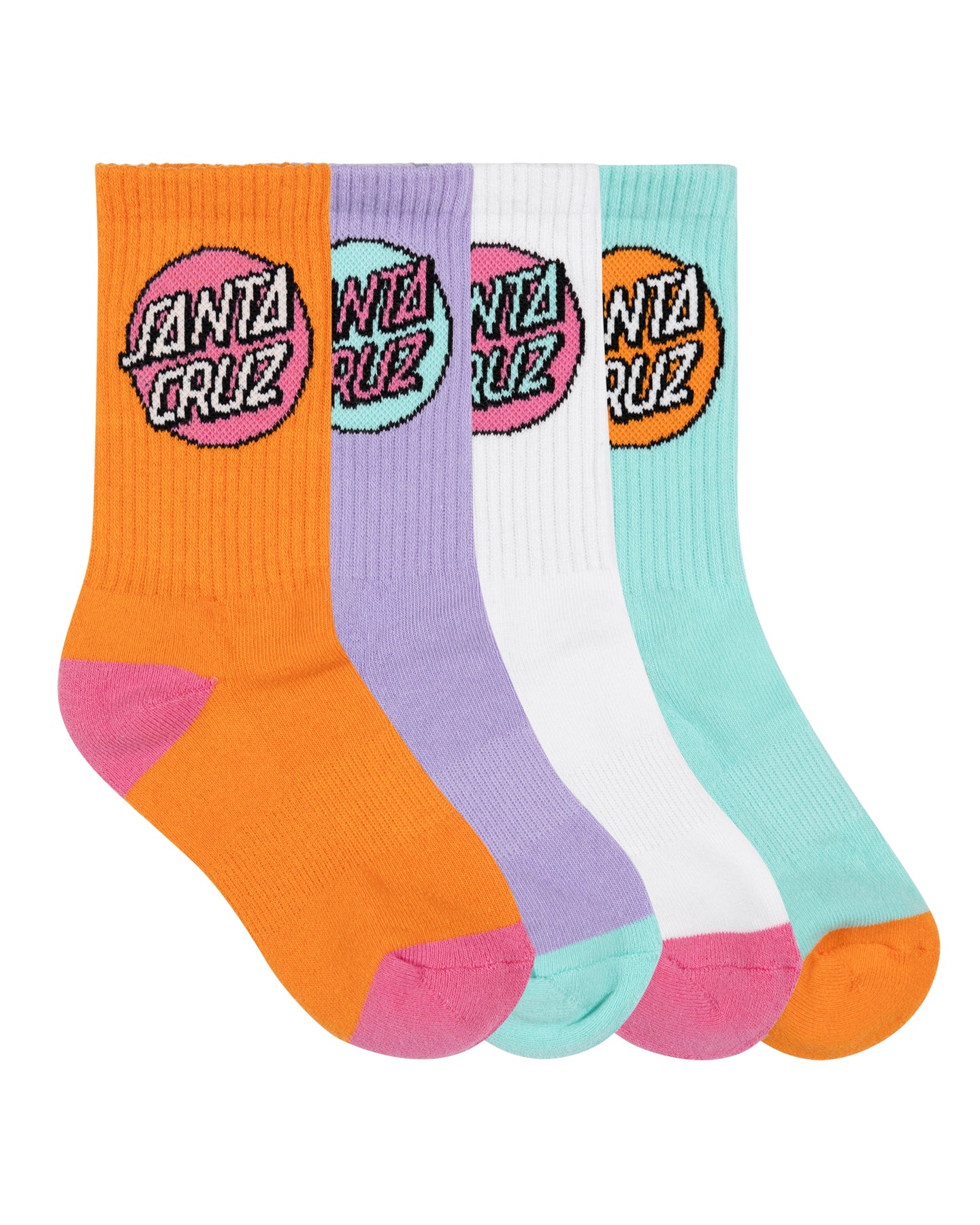 Four colorful socks with 'Santa Cruz' logo on a white background