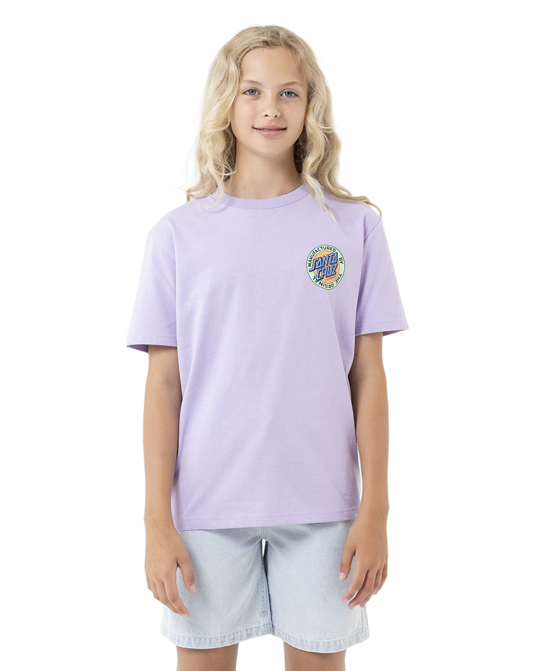 Young girl wearing a light purple t-shirt with a colorful graphic on a white background