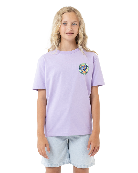 Young girl wearing a light purple t-shirt with a colorful graphic on a white background