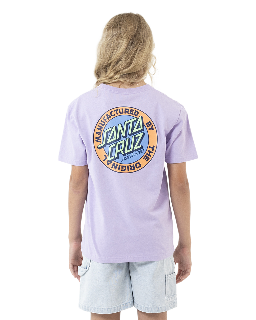 Person wearing a light purple t-shirt with a colorful logo on the back, standing against a white background.