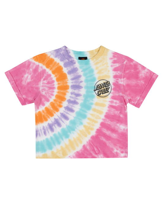 Tie-dye t-shirt with a colorful spiral pattern on a white background