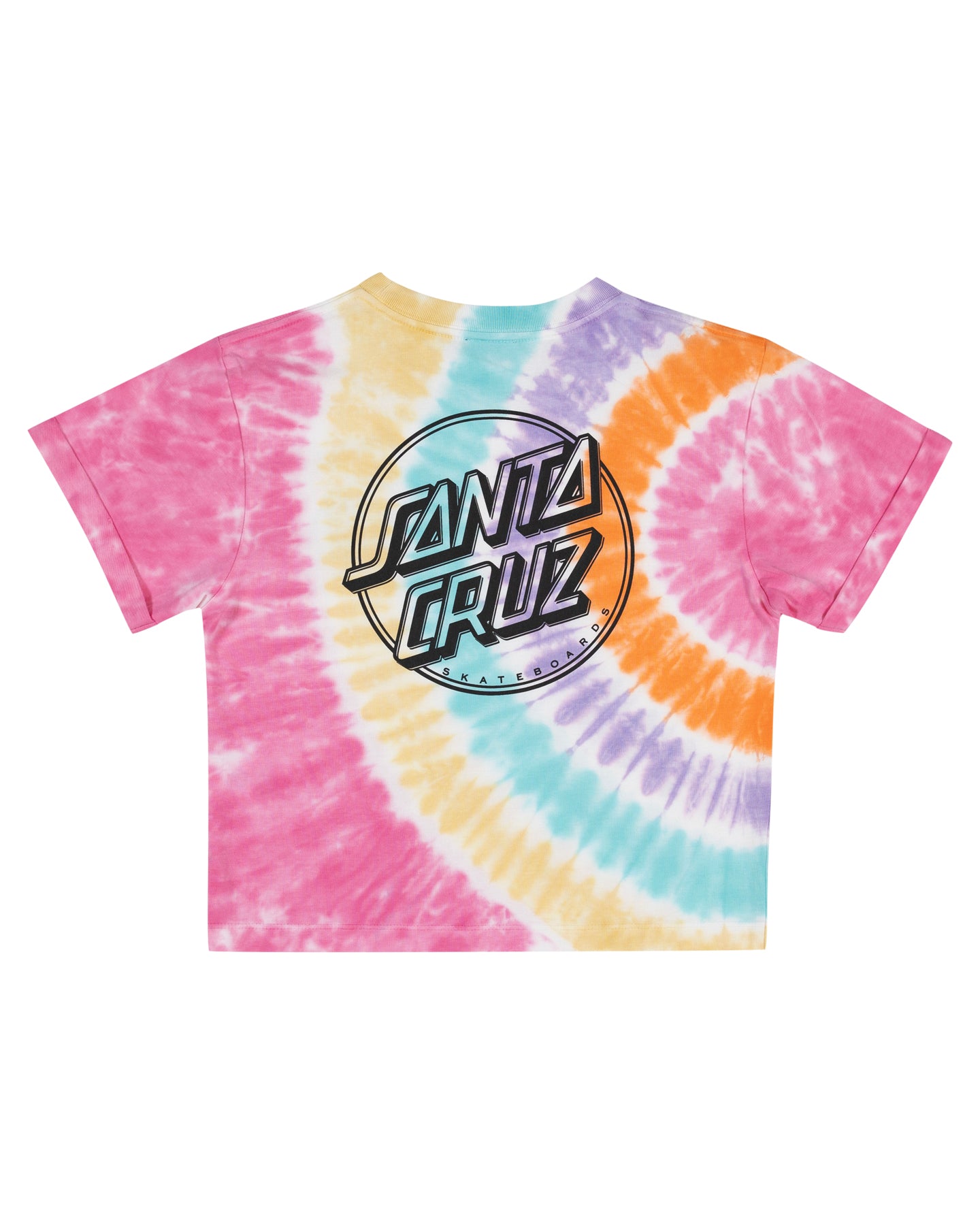 Tie-dye t-shirt with Santa Cruz logo on a white background