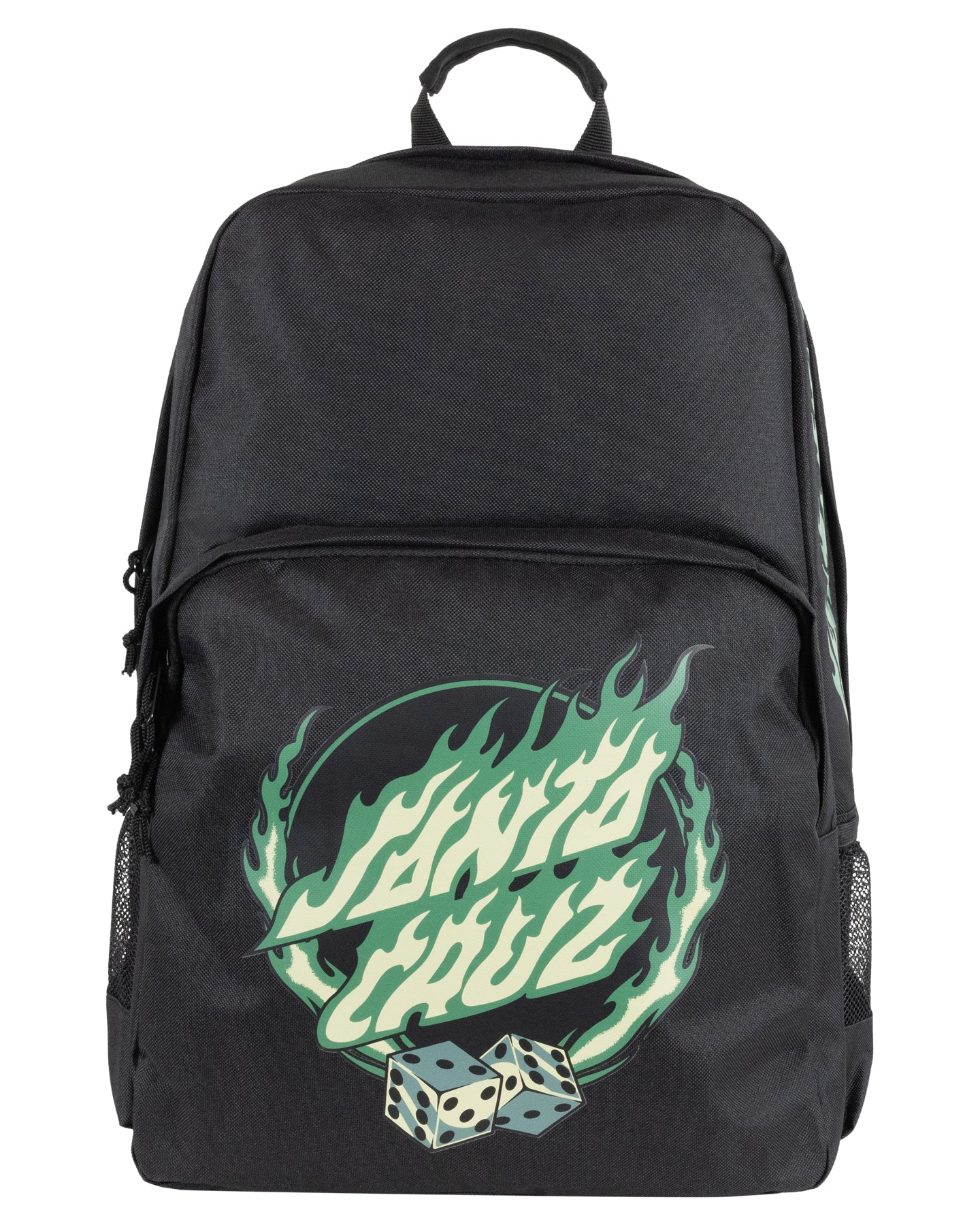 Santa Cruz Dice Flame Dot Backpack in black with green and white print from front