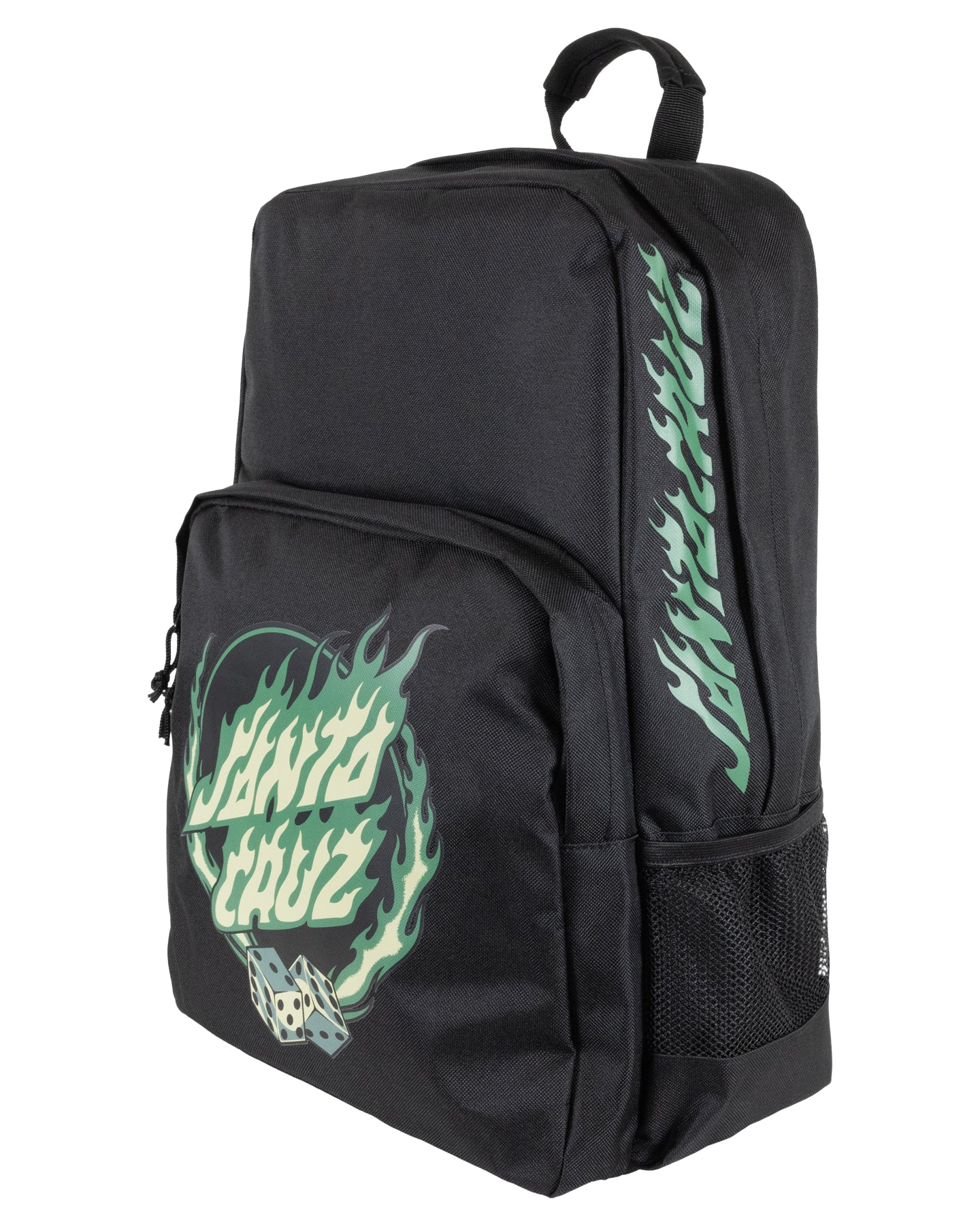 Santa Cruz Dice Flame Dot Backpack in black with green and white print from side
