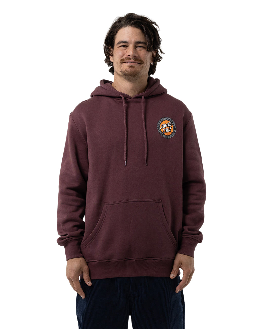 Santa Cruz Splatter MFG Dot Hoodie in maroon on model from front 