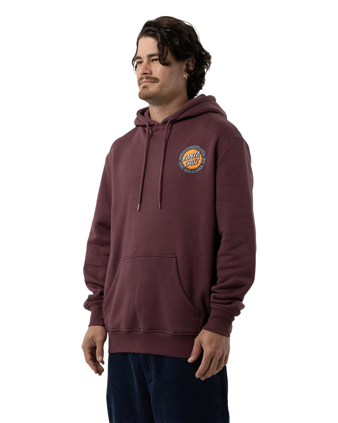Santa Cruz Splatter MFG Dot Hoodie in maroon on model from side