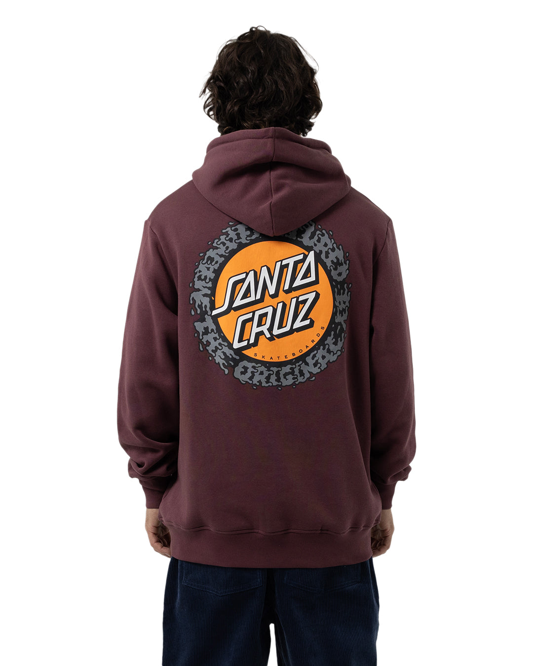 Santa Cruz Splatter MFG Dot Hoodie in maroon on model from rear