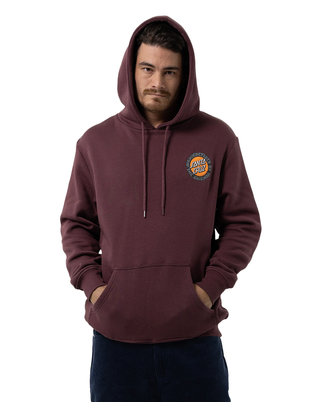 Santa Cruz Splatter MFG Dot Hoodie in maroon on model from front with hood up