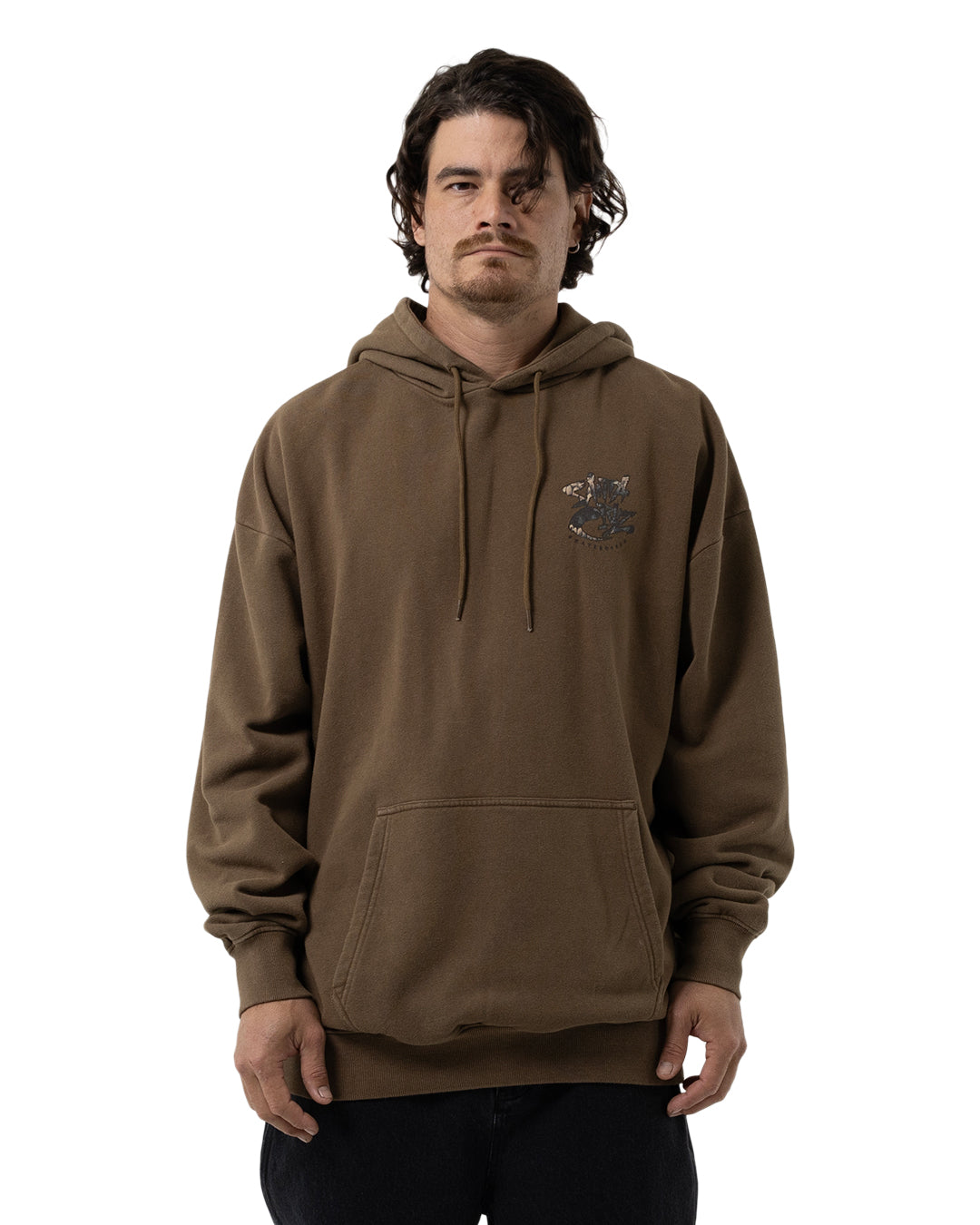 Santa Cruz Pace Deathtrap Oversized Hoodie in brown on model from front