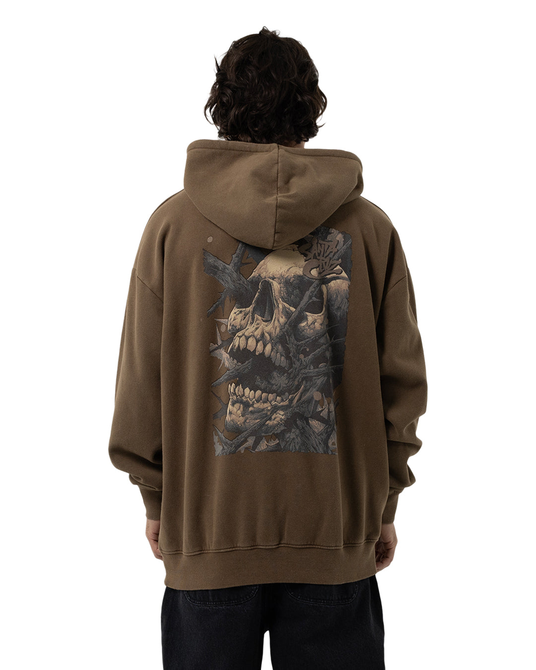 Santa Cruz Pace Deathtrap Oversized Hoodie in brown on model from rear