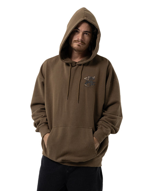 Santa Cruz Pace Deathtrap Oversized Hoodie in brown on model from front with hood up
