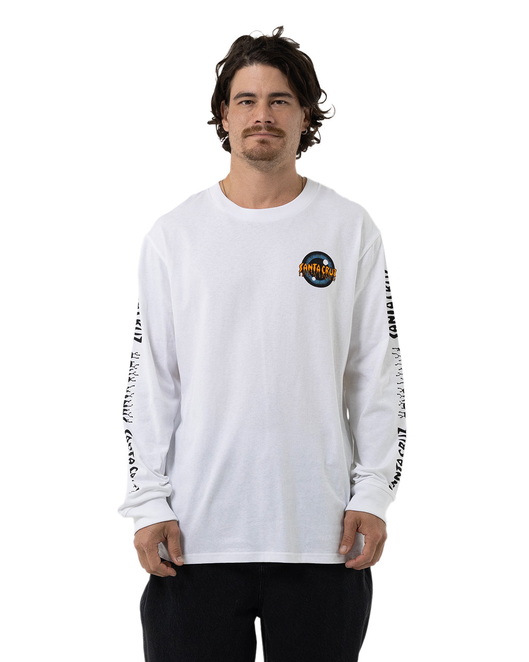 Santa Cruz Roskopp Iris Strip Repeat Long Sleeve Tee in white on model from front