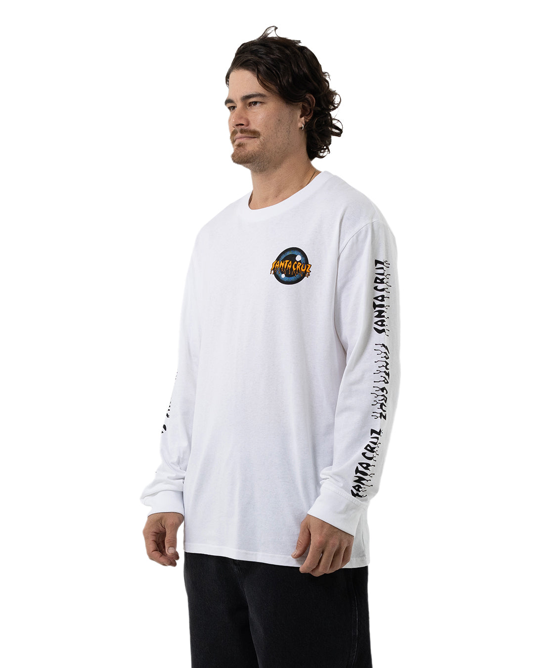 Santa Cruz Roskopp Iris Strip Repeat Long Sleeve Tee in white on model from  side angle