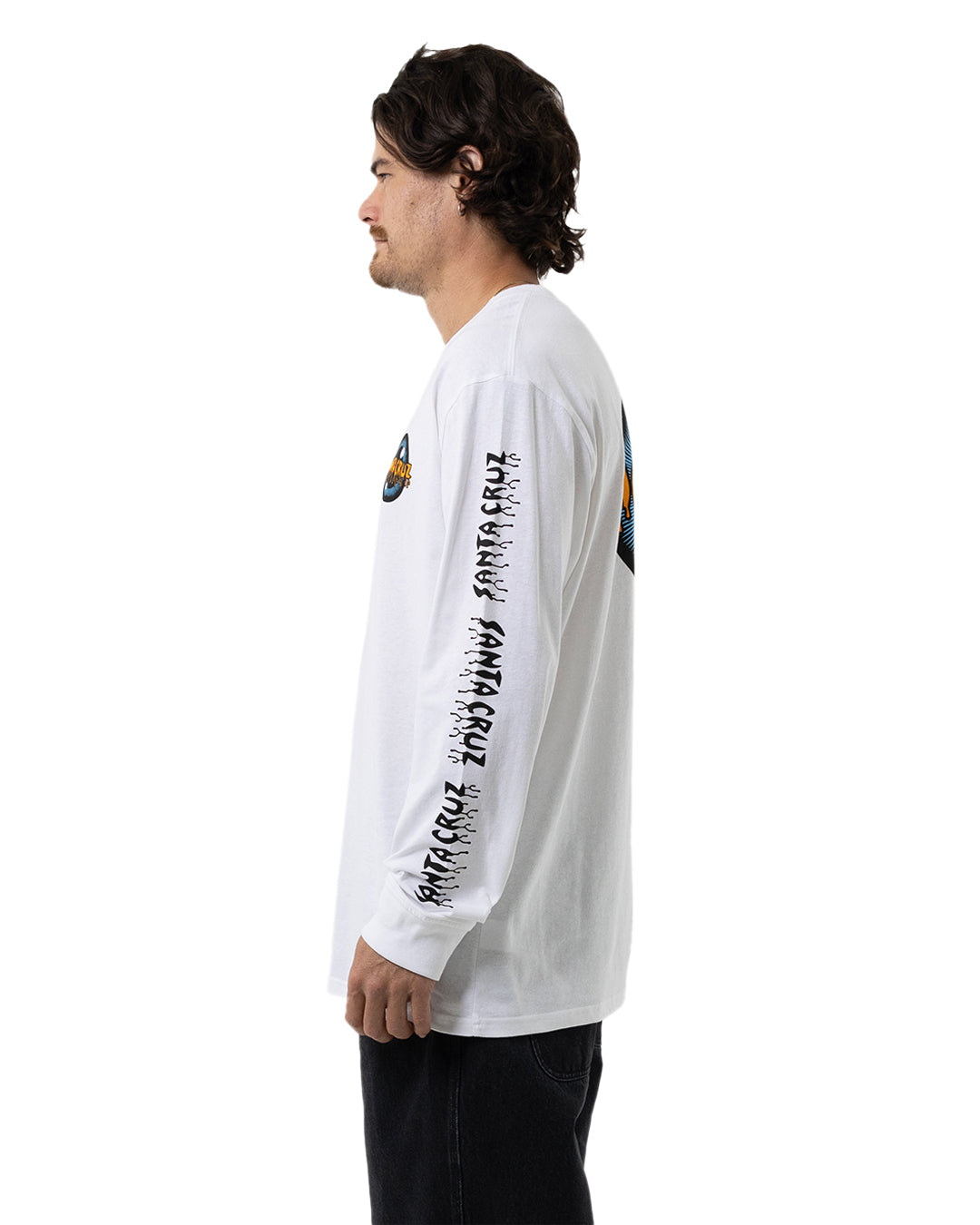 Santa Cruz Roskopp Iris Strip Repeat Long Sleeve Tee in white on model from  side