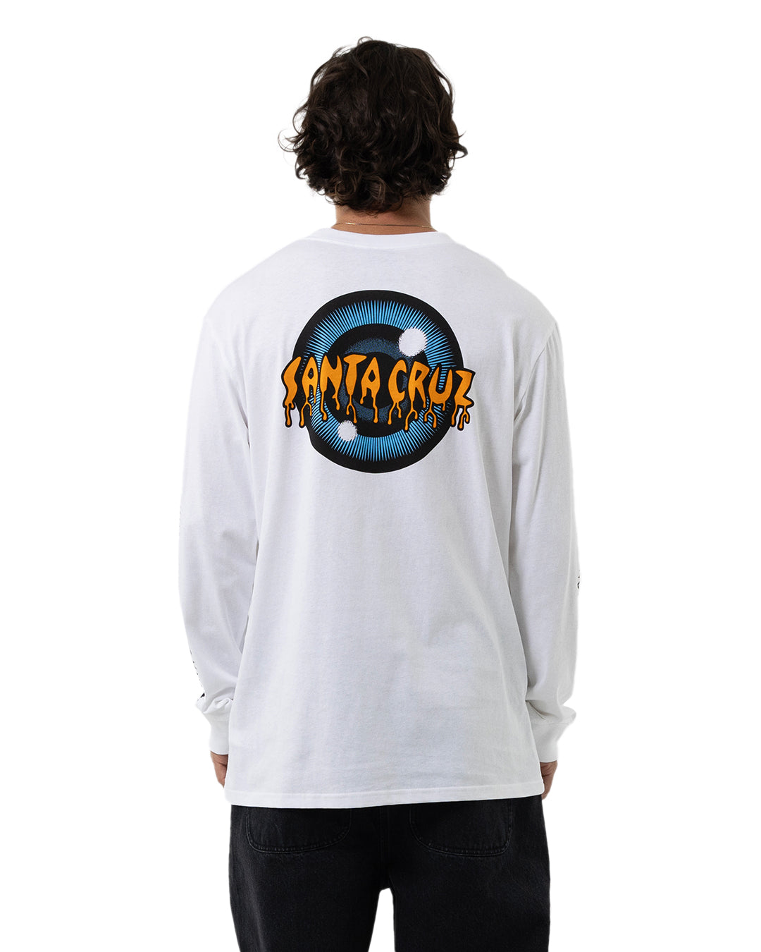 Santa Cruz Roskopp Iris Strip Repeat Long Sleeve Tee in white on model from  rear