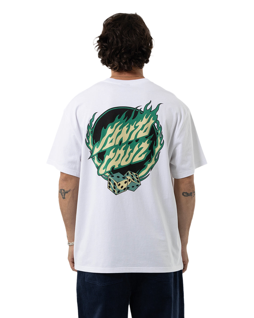 Santa Cruz Disc Flame Dot Strip Front Tee in white from rear