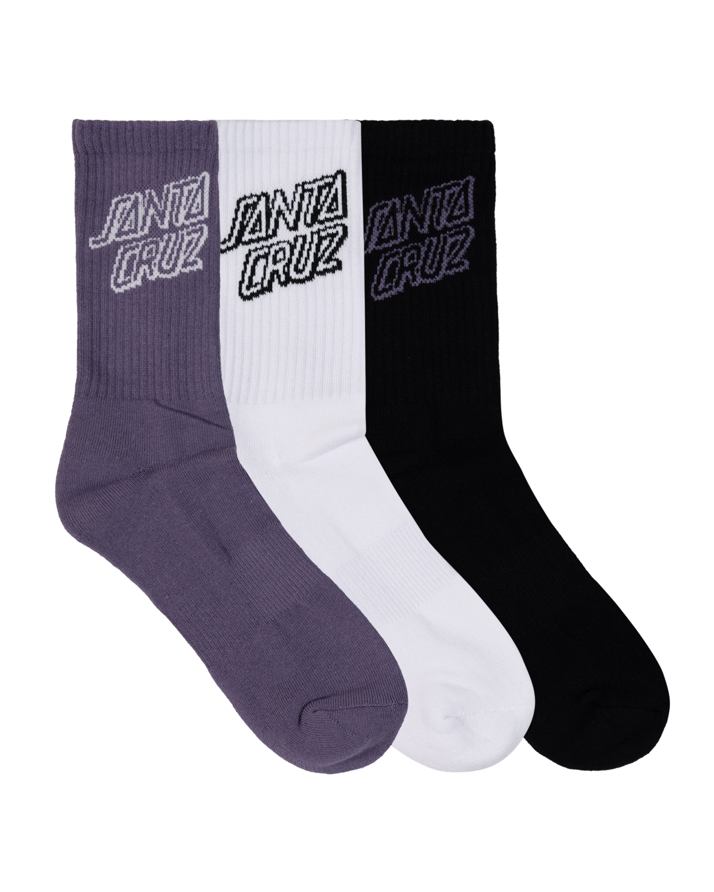 Santa Cruz Stack Mono Crew Sock 3 Pack (Sizes 7-11) showing all three, lavendar, white and black