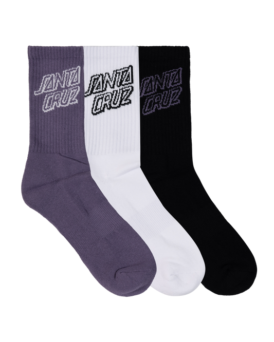 Santa Cruz Stack Mono Crew Sock 3 Pack (Sizes 7-11) showing all three, lavendar, white and black