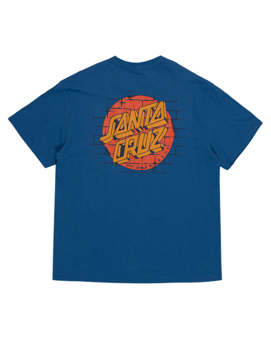 Santa Cruz Scrawl Brick Dot Mens T-Shirt  in blue with santa cruz logo on a printed brick wall from the back