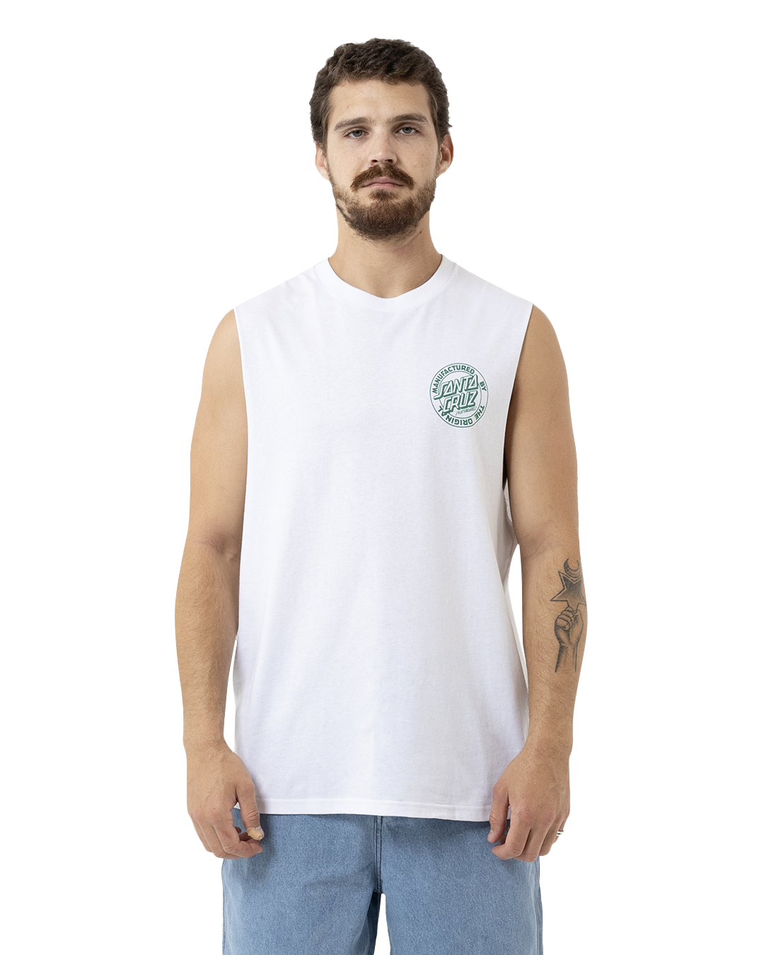 Man wearing a white sleeveless shirt with a logo on a white background