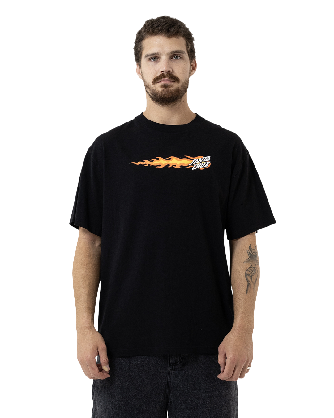 Man wearing a black t-shirt with a flame design and text on a white background