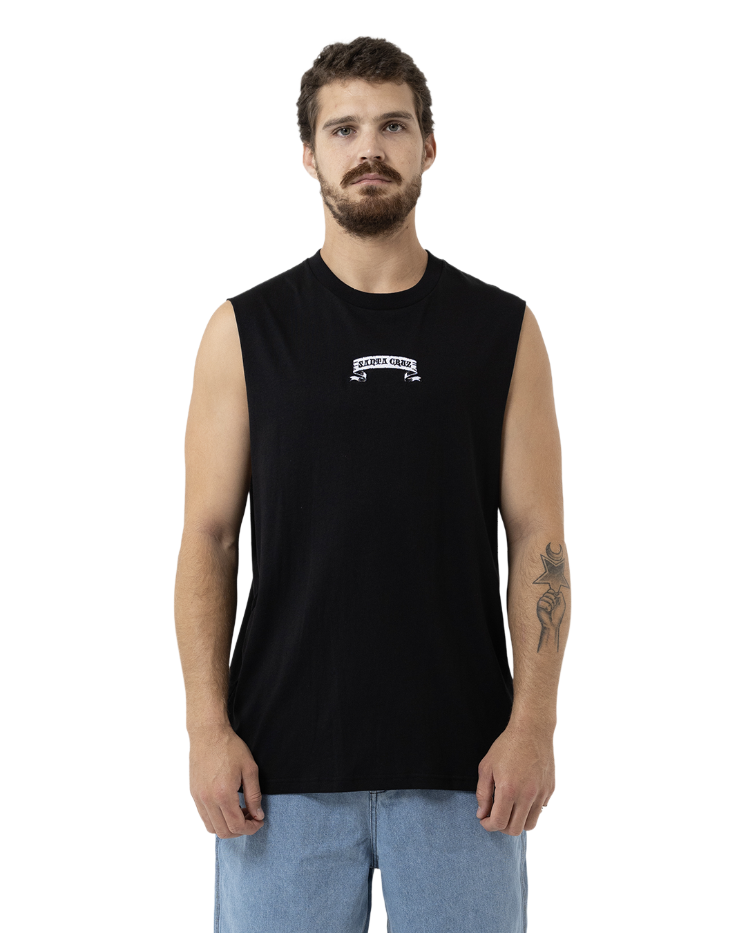 Man wearing a black sleeveless shirt with a logo on a white background