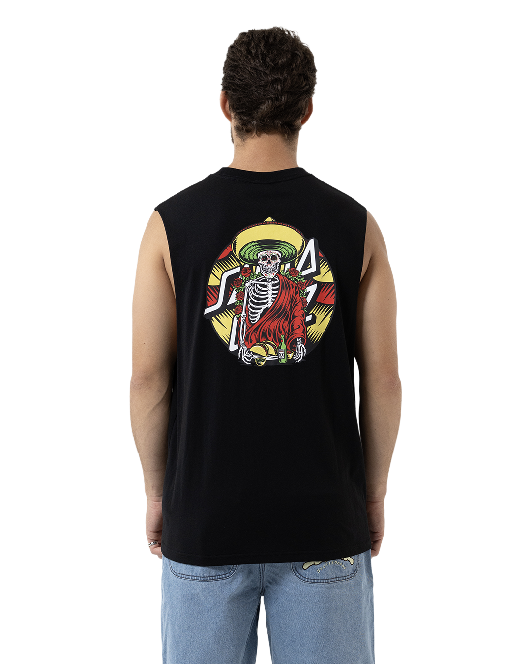 Person wearing a black sleeveless shirt with a colorful graphic design on the back, standing against a white background.