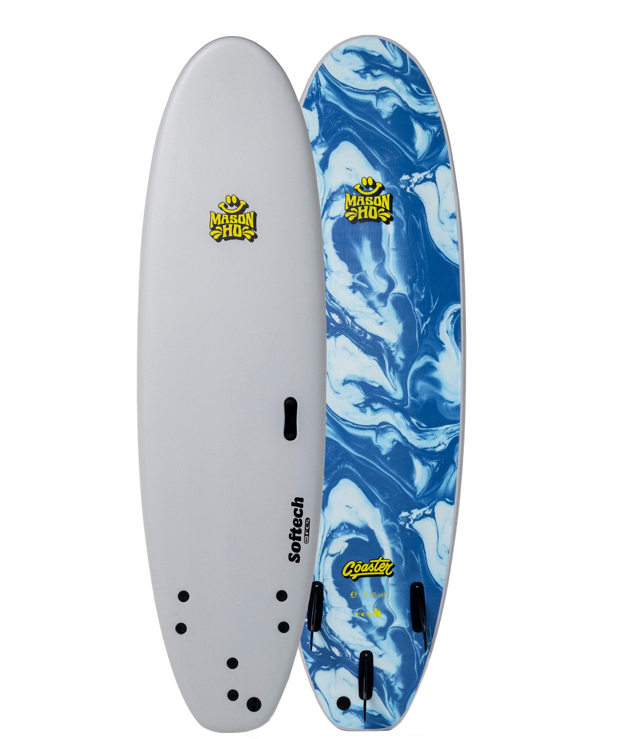 Softech Coaster 7'6 Mason Ho FCS II Softboard in grey with blue swirl base