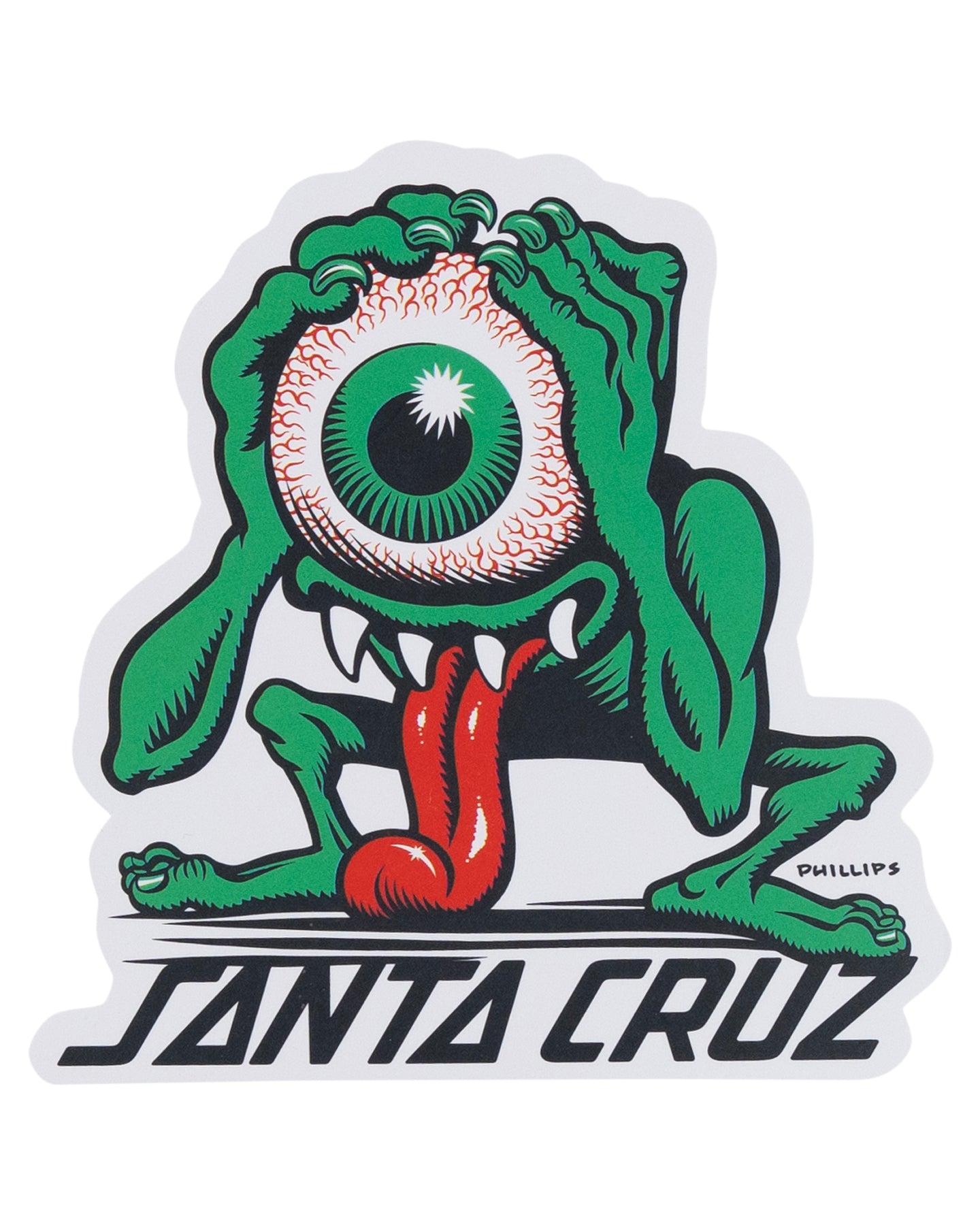 Green monster sticker with a large eye and red tongue, featuring the Santa Cruz brand.