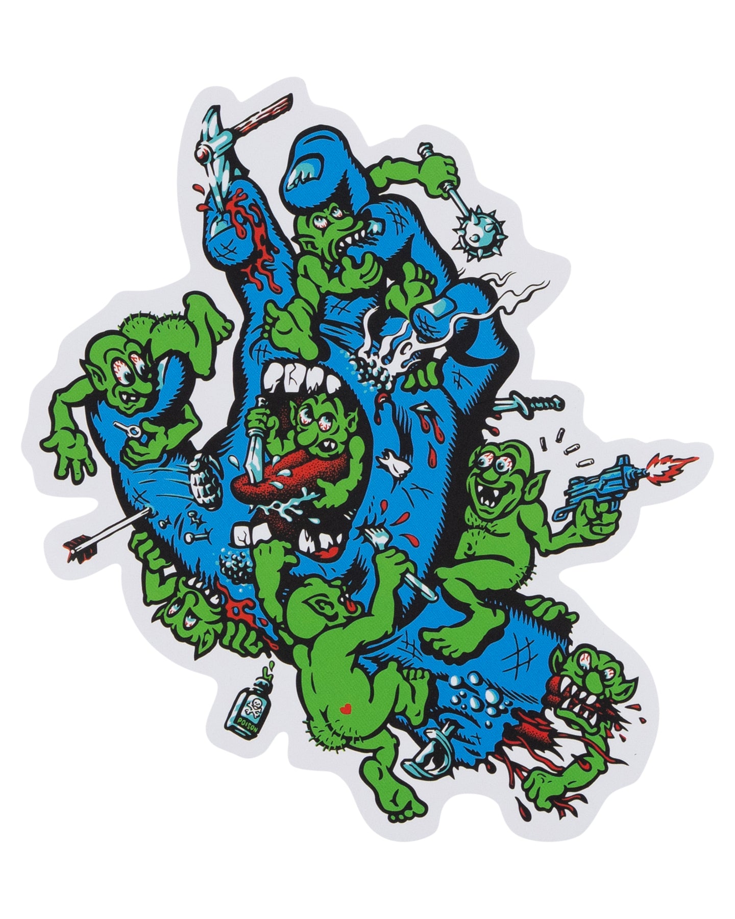 Colorful sticker with cartoonish characters on a white background