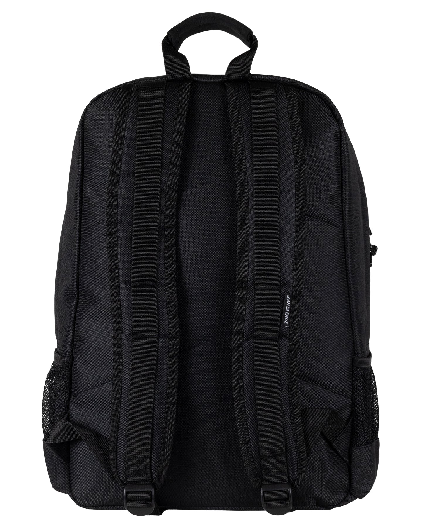 Black backpack shown from the back on a white background