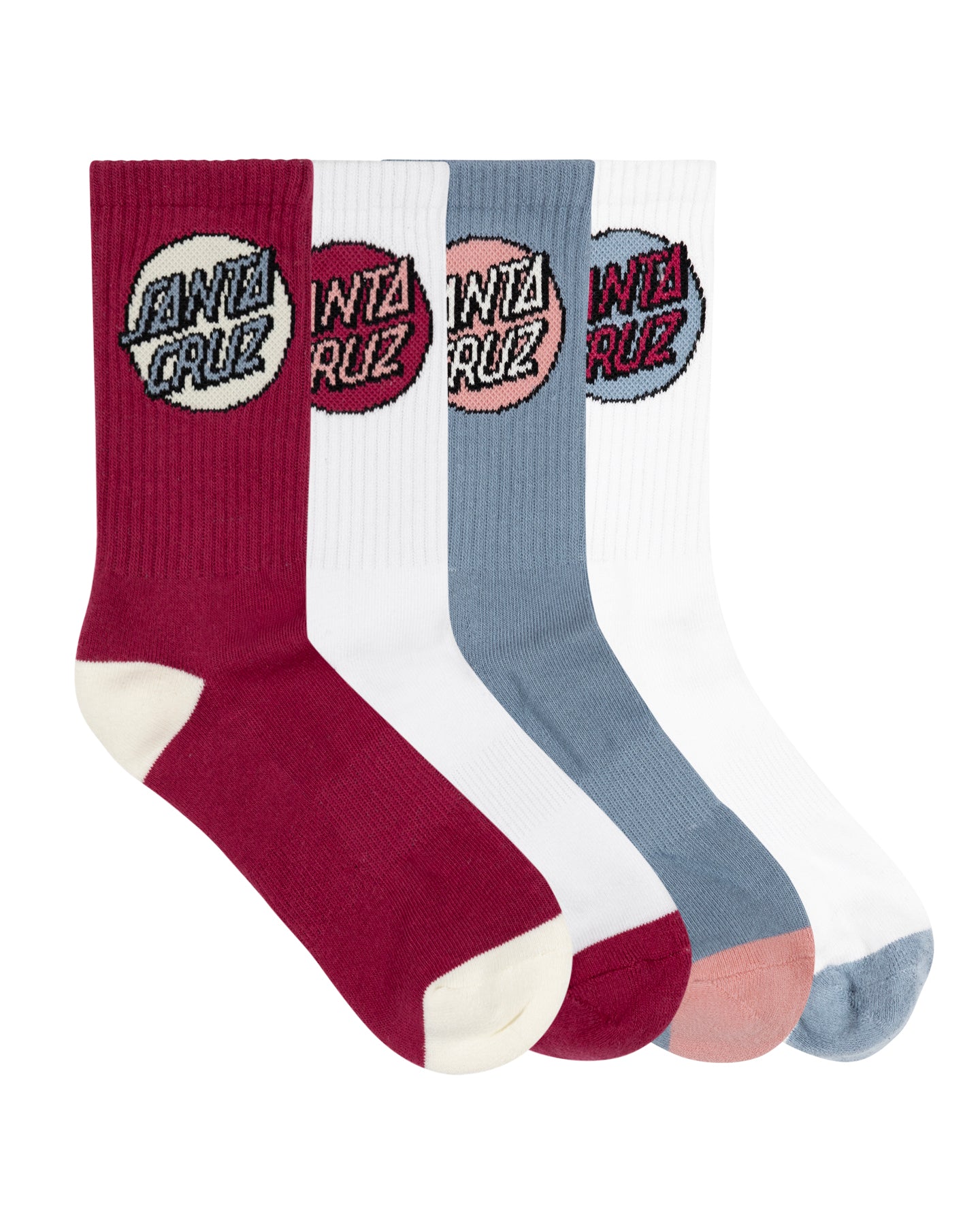 Four pairs of socks in red, white, blue, and pink with 'Wanna Cruz' logo on a white background.