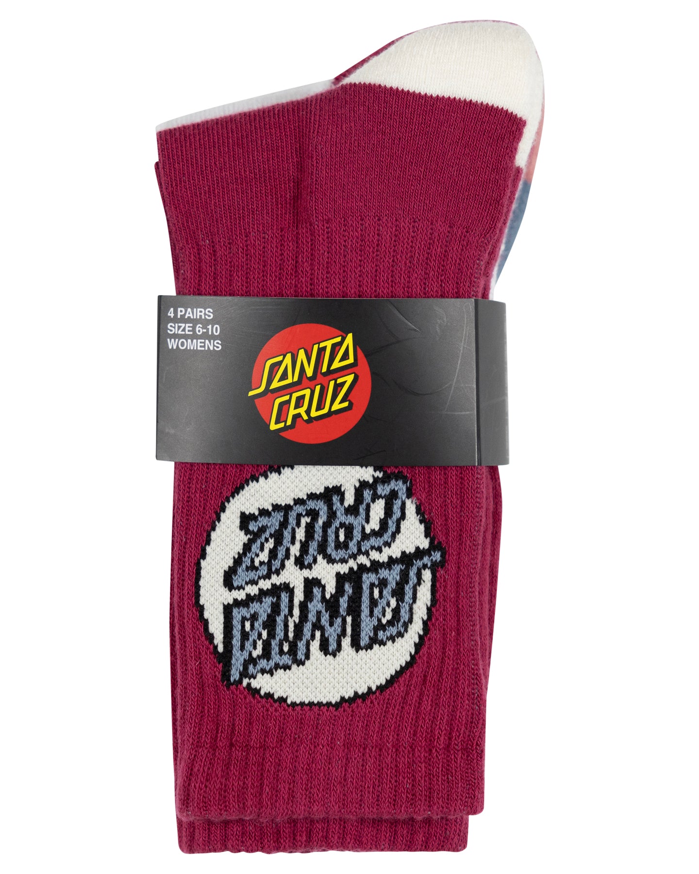 Maroon socks with a white logo and 'Santa Cruz' branding on a white background