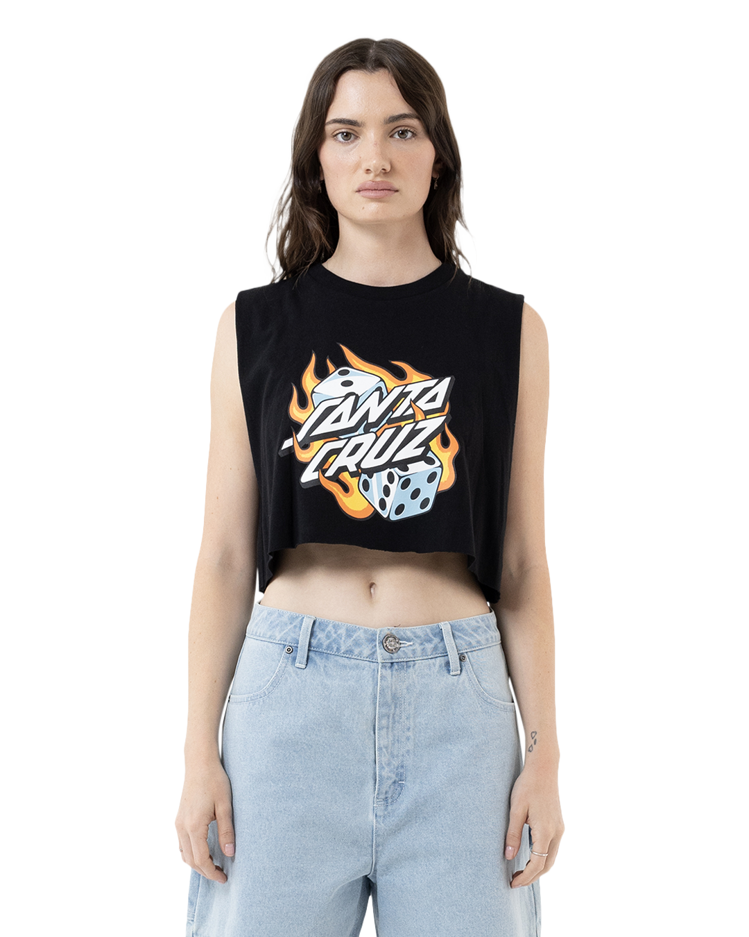 Woman wearing a black sleeveless crop top with a graphic design and light blue jeans on a white background