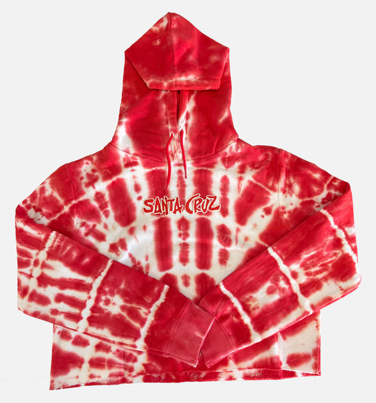 Santa Cruz Girls front Strip Crop Hoodie in color tie dye red front view