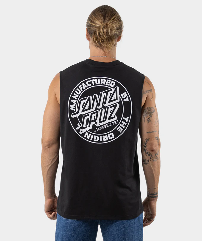 Person wearing a black sleeveless shirt with Santa Cruz logo on the back against a white background