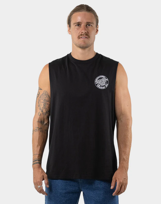 Man wearing a black sleeveless shirt with a logo on a white background