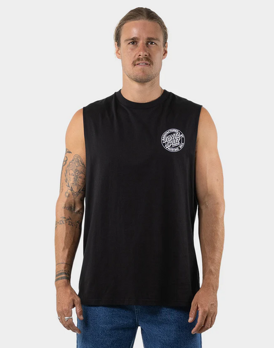 Man wearing a black sleeveless shirt with a logo on a white background