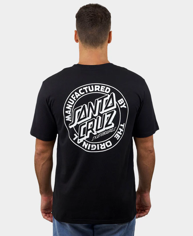 Person wearing a black t-shirt with 'Santa Cruz' logo on the back against a white background