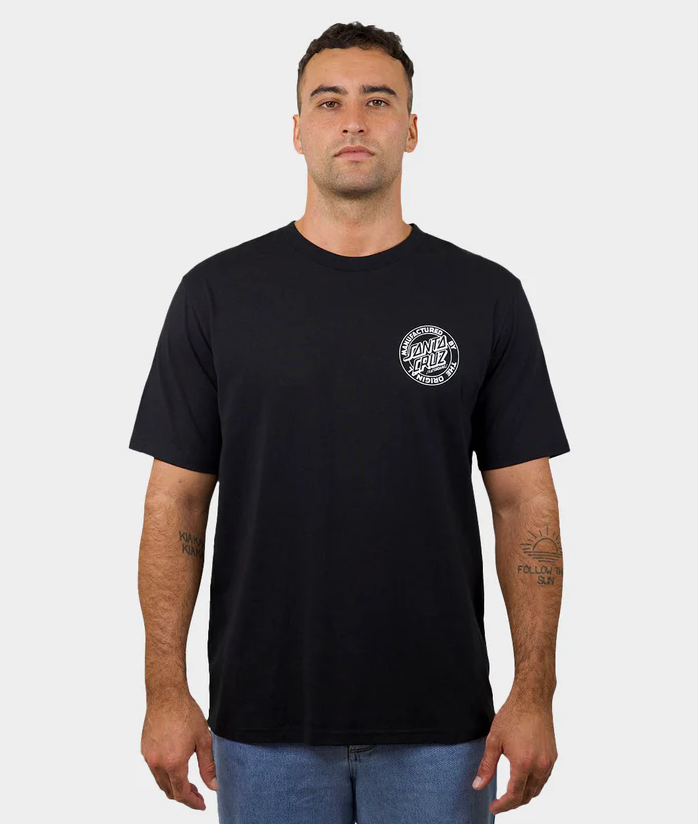 Man wearing a black t-shirt with a logo on a white background
