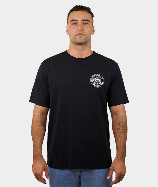Man wearing a black t-shirt with a logo on a white background