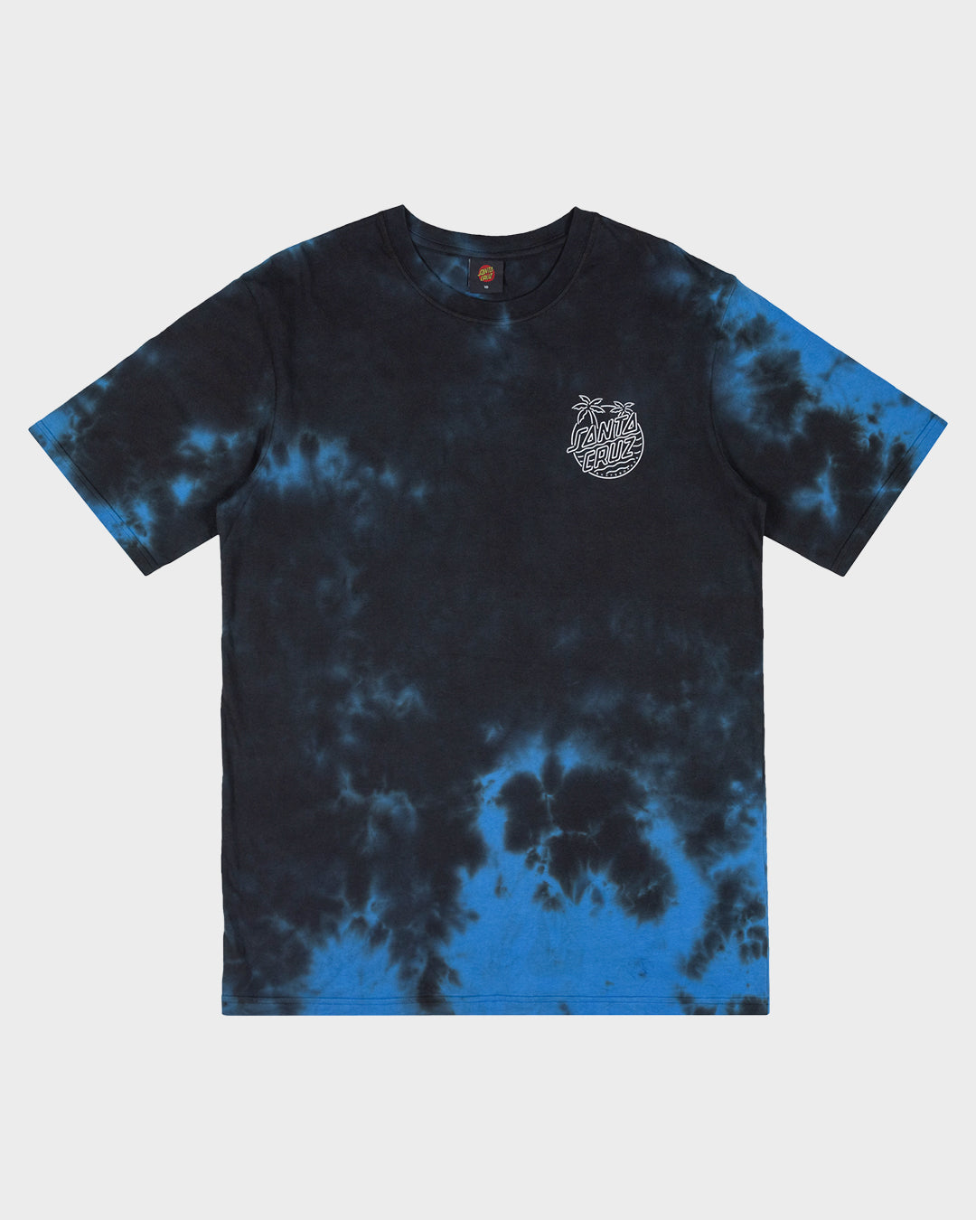 Santa Cruz Glow Dot Mono Tee in black and blue tie dye with santa cruz palm tree print on op left displayed from front 