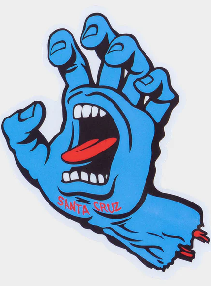 Blue hand graphic with open mouth and 'Santa Cruz' branding on a white background