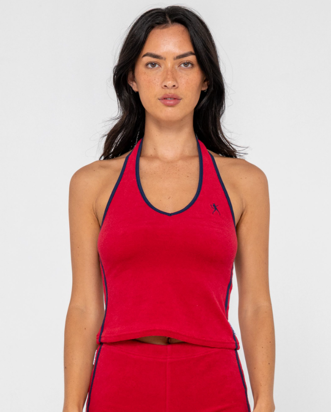 Rusty Bodhi Toweling Halter Neck Top in red toweling on a woman in red toweling pants from front