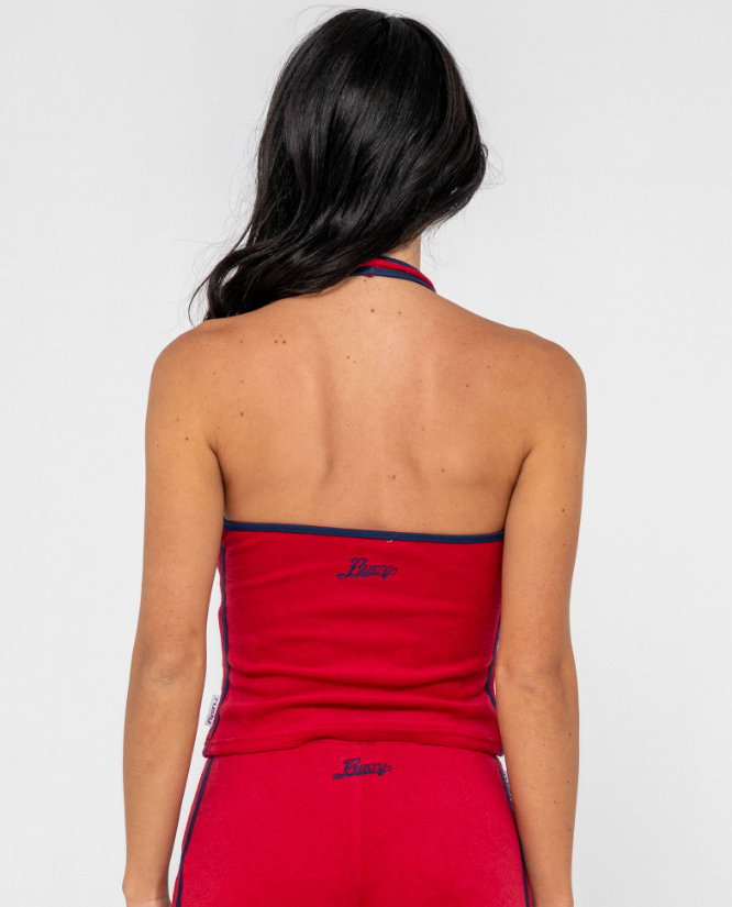 Rusty Bodhi Toweling Halter Neck Top in red toweling on a woman in red toweling pants from rear