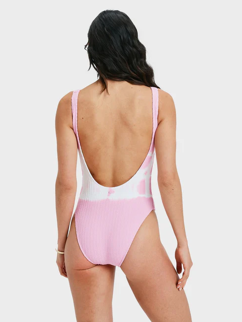 Roxy Sunrise Women's Onepiece Swimwear on lady in colour Bonbon Pink and White - back