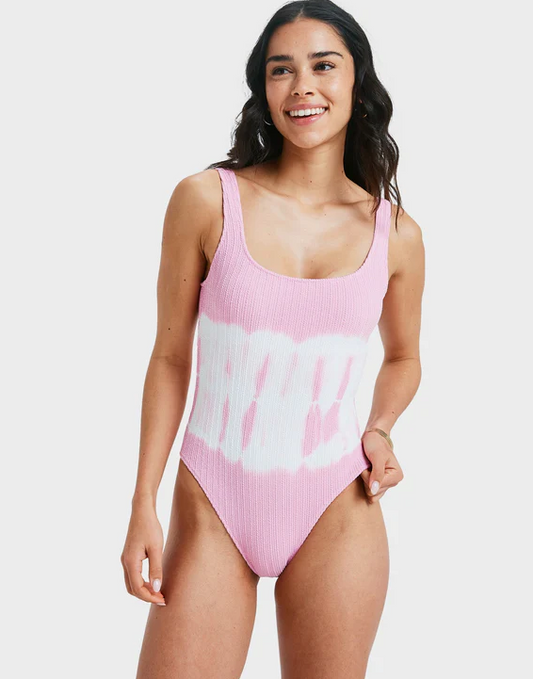 Roxy Sunrise Women's Onepiece Swimwear on lady in colour Bonbon Pink and White - front
